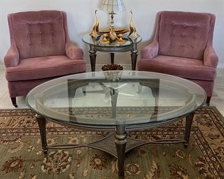 Vintage Low-Profile Arm Chairs on Castors w/ 1 Ottoman, Area Rug, Vintage 60s Mid Century Signed Anthony USA Freeman McFarland, Glass and Iron End Table and Matching Coffee Table, Vintage Brass Lamp w Capiz Shade, MCM Wood Fruit