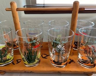 Vtg Blakely Oil & Gas Arizona Cactus Clear Beverage Set w Holder