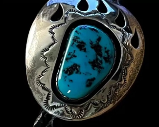 Vtg Navajo Teddy Goodluck Sterling Shadow Box Turquoise Bear Paw Bolo Tie _ 34" Long _ Hallmarked TG  four leaf clover