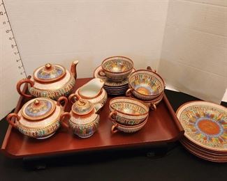 Vintage Japanese 1000 Faces tea set with tea pot, creamer & sugar bowls, tea cups & saucers and small plates total 22 pieces with serving tray