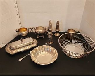 Reed & Barton, FB Rogers & Poole silverplate (salt/pepper shakers are sterling) with cloths