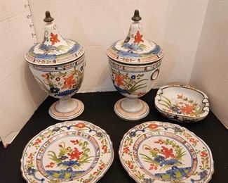 2 apothecary jars, 2 plates and ashtray Made in Italy