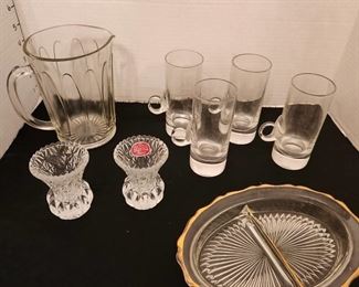 Lenox Irish coffee cups, pitcher, lead crystal toothpick holder and divided dish