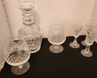 Waterford crystal decanter, 2 Waterford brandy glasses and 3 Waterford port wine stemware