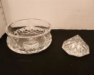 Waterford crystal footed bowl (small chip) and Waterford prism