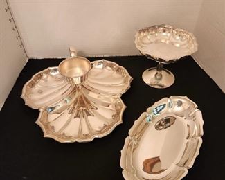 International Silver Company footed candy dish and silverplate serving pieces