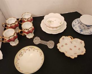 Noritake hand painted cups, Nippon hand painted bowl, Wettin Royal Austria hand painted sauce bowl, Limoge and Royal Copenhagen cup & saucer