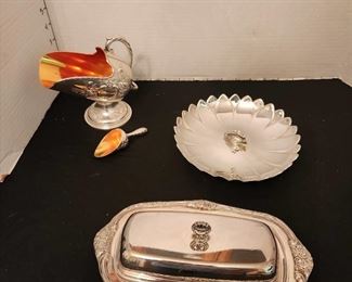 Raimond silverplate sugar bowl with scoop, Reed & Barton candy dish with butter tray