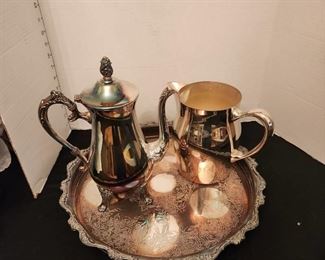 Newport silverplate coffee pot, water pitcher and tray