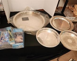 International Silver & Rogers silverplate serving platters with silver polish brush, gloves, applicators & mitts