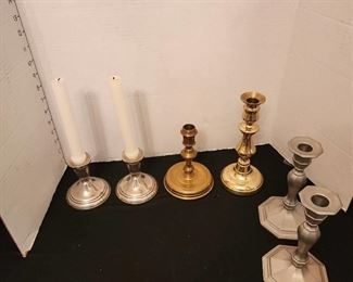 Gorham pewter, sterling and brass candlestick holders