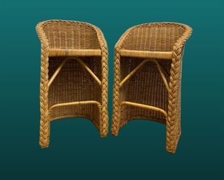 Pair Vintage Wicker & Cane Barrel Counter Stools