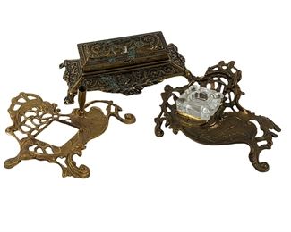Vintage Bronze Postage Stamp Holder and Art Nouveau Brass Inkwells