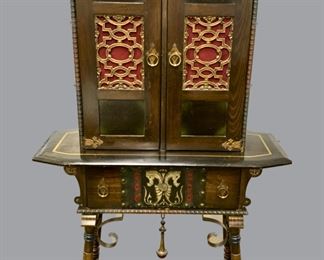 Gothic Revival Mahogany Hutch Cabinet with Seahorses and Leather