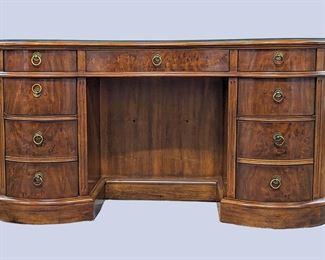 Drexel Heritage Italian Burled Walnut Glass Top Writing Desk -Kidney Shaped