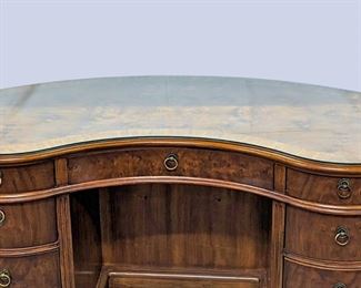 Drexel Heritage Italian Burled Walnut Glass Top Writing Desk -Kidney Shaped