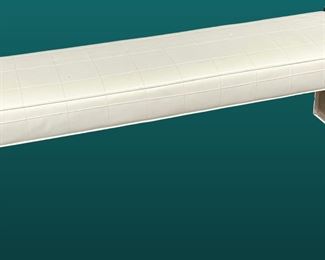  1970's Beveled Clear Lucite & White Leather Bench w/ Lucite Stretcher