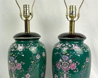Vintage Asian Porcelain Lamps- Emerald Green w/ Floral Motif