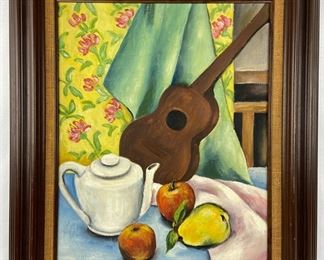 Original Framed Still Life - Classical Guitar, Fruit & Pitcher