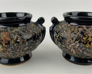Pair Vintage Unique Black Ceramic Pots / Planters