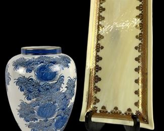 MCM Georges Briard Glass Serving Tray and Blue Floral Asian Vase