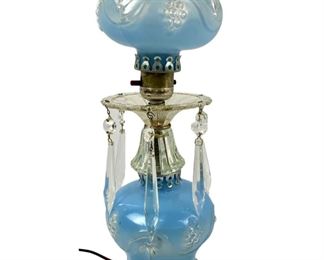  Gorgeous Vintage Blue Frosted Embossed Boudoir Table Lamp w/ Glass Prisms - WORKING