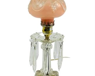  Gorgeous Vintage Pink Frosted Embossed Boudoir Table Lamp w/ Glass Prisms - WORKING
