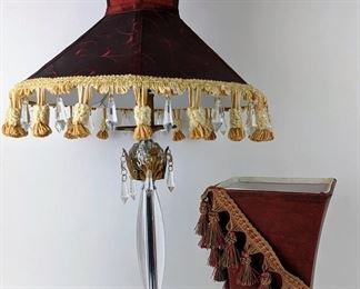 Vintage Burgundy Table Lamps with Silk and Leather Shades