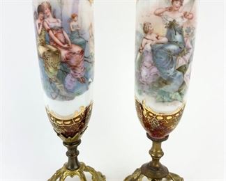 Pair of French Victorian Porcelain and Brass Portrait Bud Vases