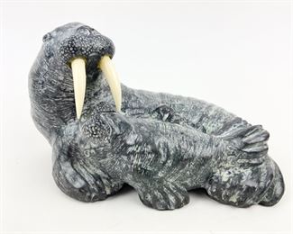Vintage Wolf Original Walrus & Pup Hand Made Soapstone Sculpture - Canada
