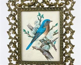 Stunning Vintage French Style Brass Ornate Frame with a Charming Bluebird Picture