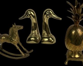 A Collection of Brass - Duck Bookends, Rocking Horse & Pineapple