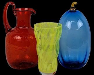  Art Glass Collection: Vintage Red Crackle Pitcher, Vibrant Yellow Vase and Blue Oval Decor