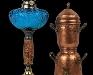  Vintage Marine Blue Glass Kerosine Oil Lamp and Brass, Copper Percolation Coffee Maker
