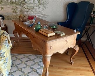 French Writing Desk with Queen Ann Legs And Blue Leather Chair