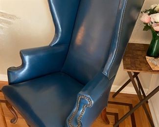 Blue Leather Wing Chair, Excellent Condition