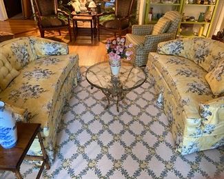 Curved Loveseats in Chintz with original 70's Fabric in Olive Green and Gold Underneath, Brass and Glass Coffee Table and Carpet