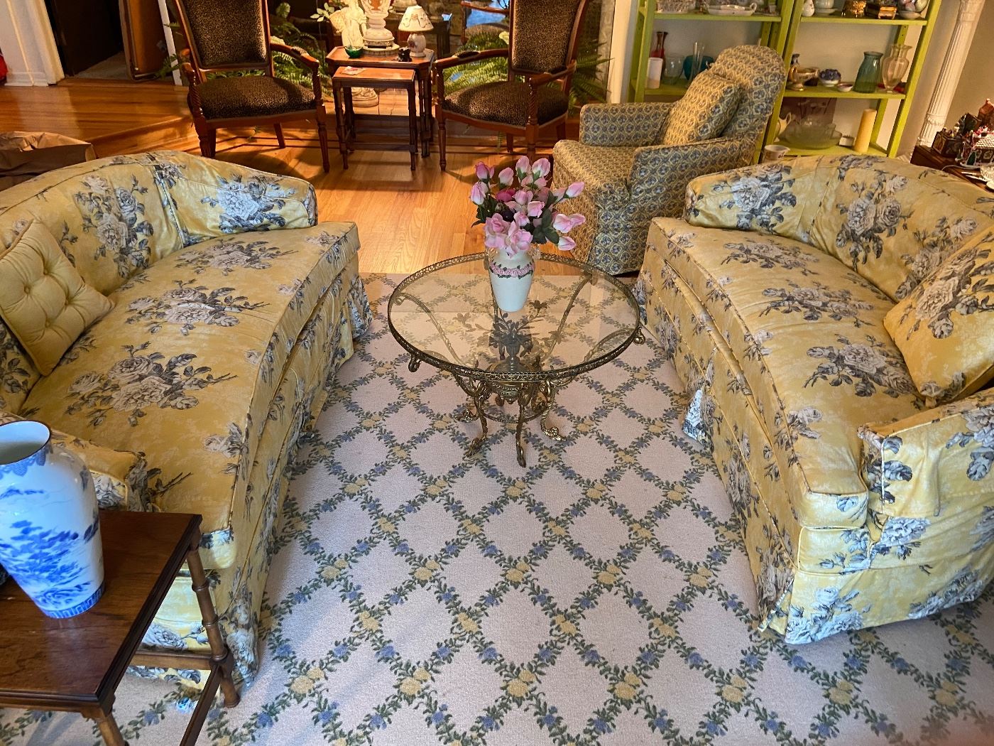 Curved Loveseats in Chintz with original 70's Fabric in Olive Green and Gold Underneath, Brass and Glass Coffee Table and Carpet