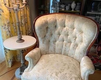 Tufted Damask Covered Arm Chair and Lamp