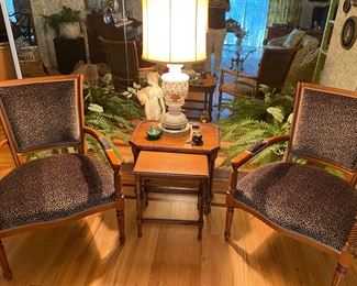 Vintage French Arm Chairs with Custom Leopard Upholstery, Nesting Tables Lamp and more..