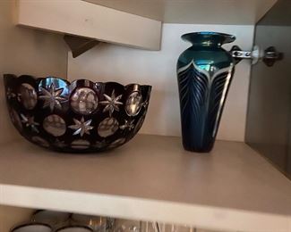 Feathered Vase, Signed and Magenta Czech Cut Crystal Bowl