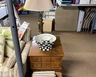 Vinyl records, Maple end table, brass lamp, card table set.