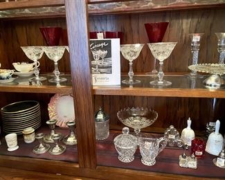 More Fostoria, sterling candlesticks, cut glass