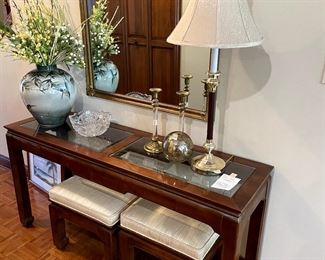 Hammary console table with matching stools, purchased at the Merchandise Mart in Chicago.