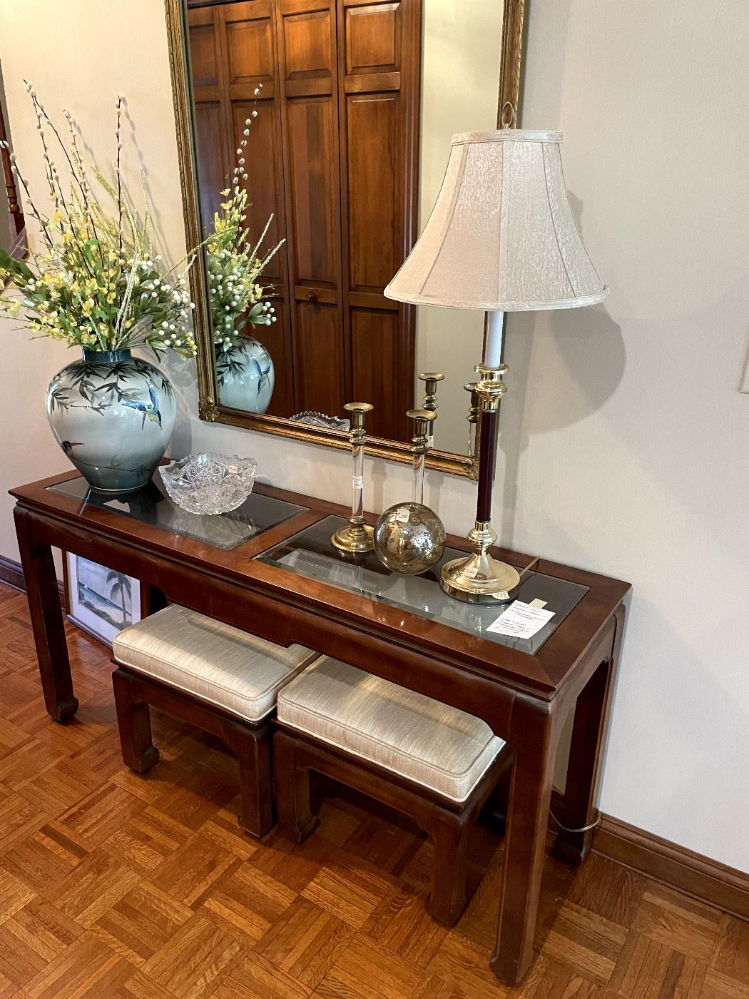 Hammary console table with matching stools, purchased at the Merchandise Mart in Chicago.