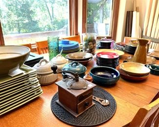 A wide variety of serving pieces. Old coffee grinder.