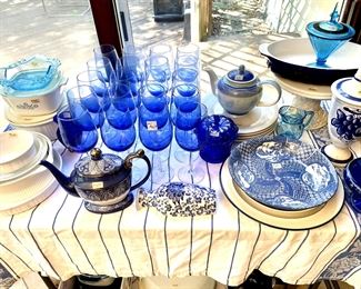 French White Corning ware, blue stemware, teapots, wall pocket.
