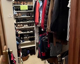 Closets are filled with clothing, shoes, coats, scarves and gloves. Women's clothing is mostly size 10-12 or medium.