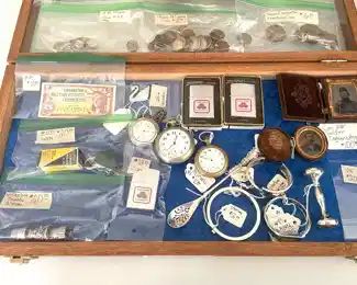 Lots of fun things in the case which will be near checkout. Daguerreotypes, sterling , pocket watches, Vintage New-in-Box State Farm Zippo lighters, Swarovski Swan pin, foreign money...