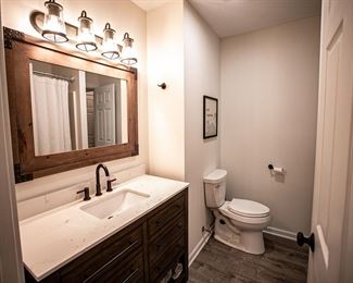 Updated bath vanity, mirror & vanity lights; nice commode